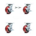 Service Caster 5 Inch Red Poly on Cast Iron Caster Set with Ball Bearings 4 Brake 2 Swivel Lock SCC-30CS520-PUB-RS-TLB-BSL-2-TLB-2